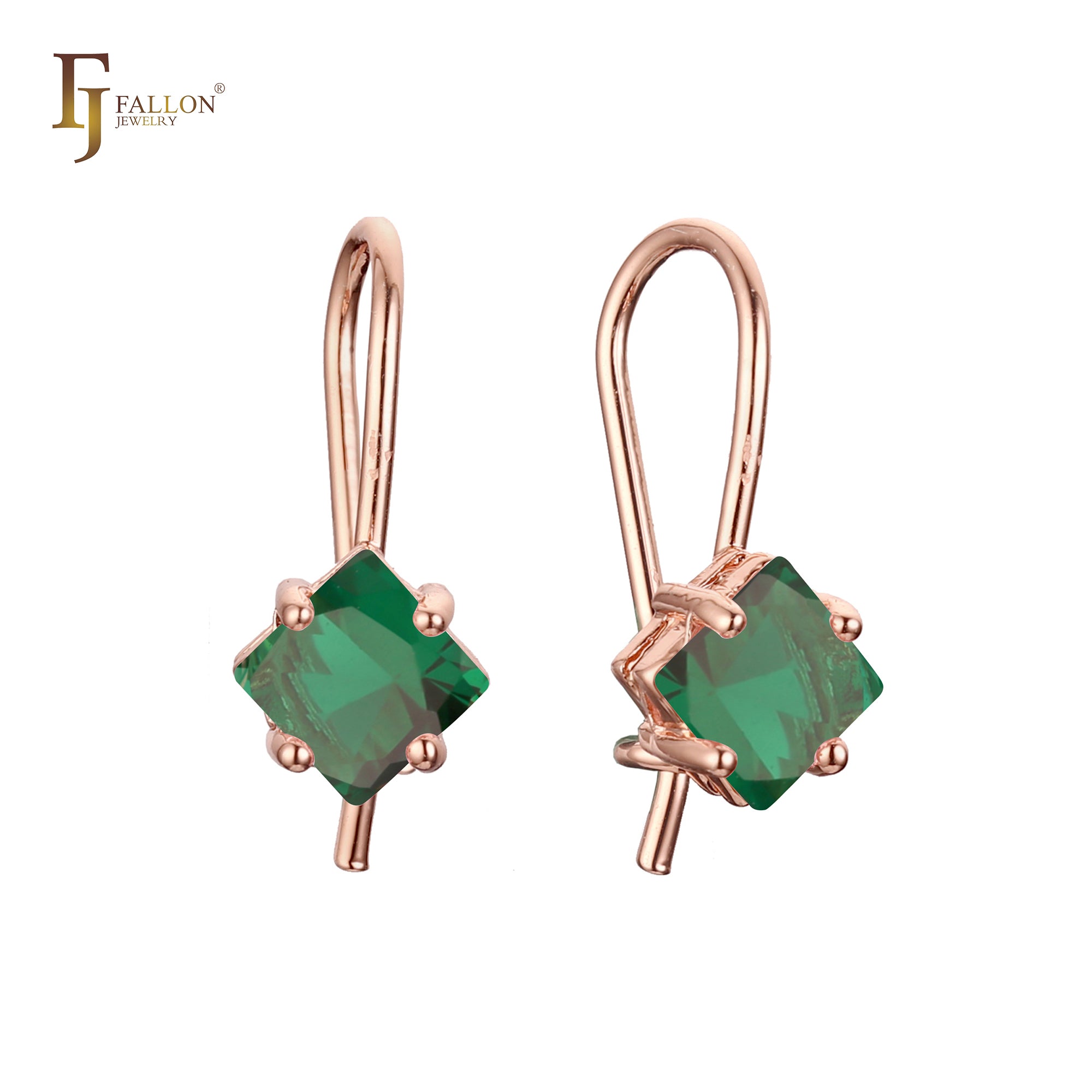 Solitaire squared CZ wire hook earrings in 14K Gold, Rose Gold, plating colors