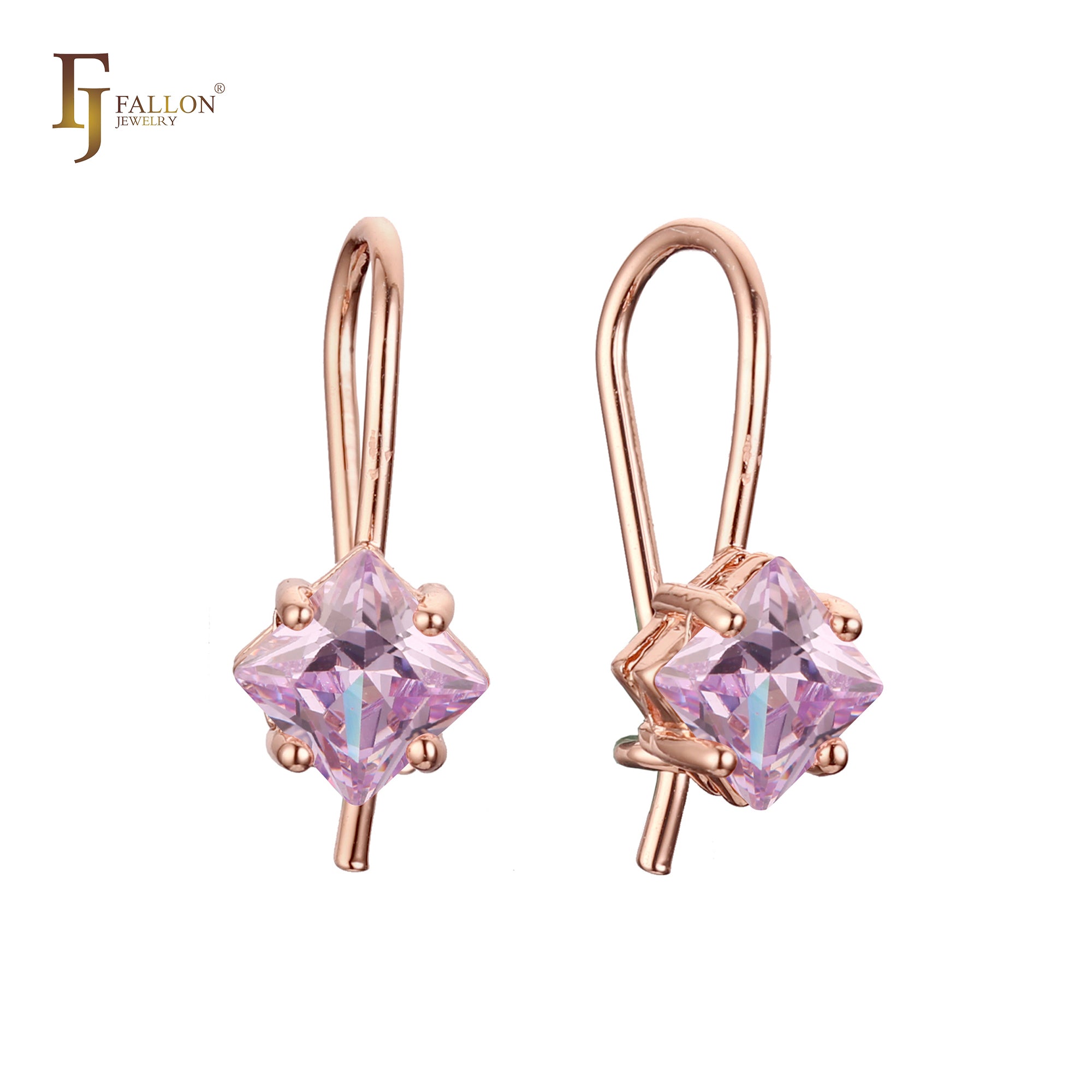 Solitaire squared CZ wire hook earrings in 14K Gold, Rose Gold, plating colors