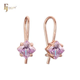 Solitaire squared CZ wire hook earrings in 14K Gold, Rose Gold, plating colors