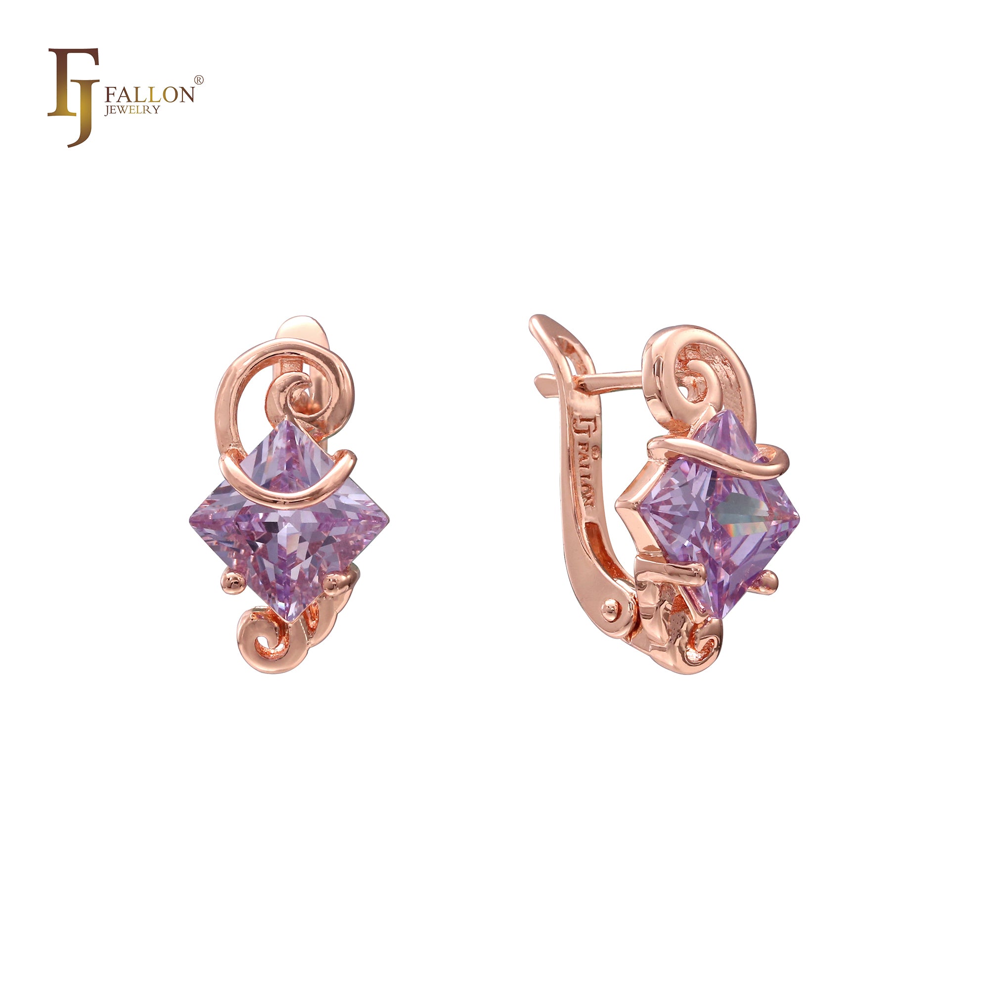 Solitaire squared colorful CZ Rose Gold earrings