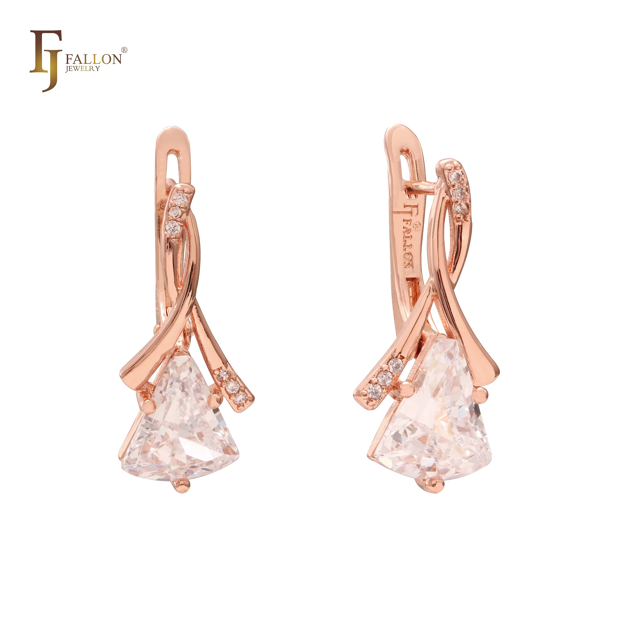 Solitaire elegant triangular colorful CZ 14K Gold, Rose Gold, two tone earrings