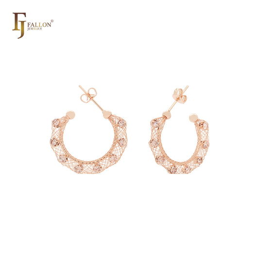 Net Cage filigree white CZs C hoop Rose Gold, 14K Gold stud earrings