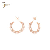 Net Cage filigree white CZs C hoop Rose Gold, 14K Gold stud earrings