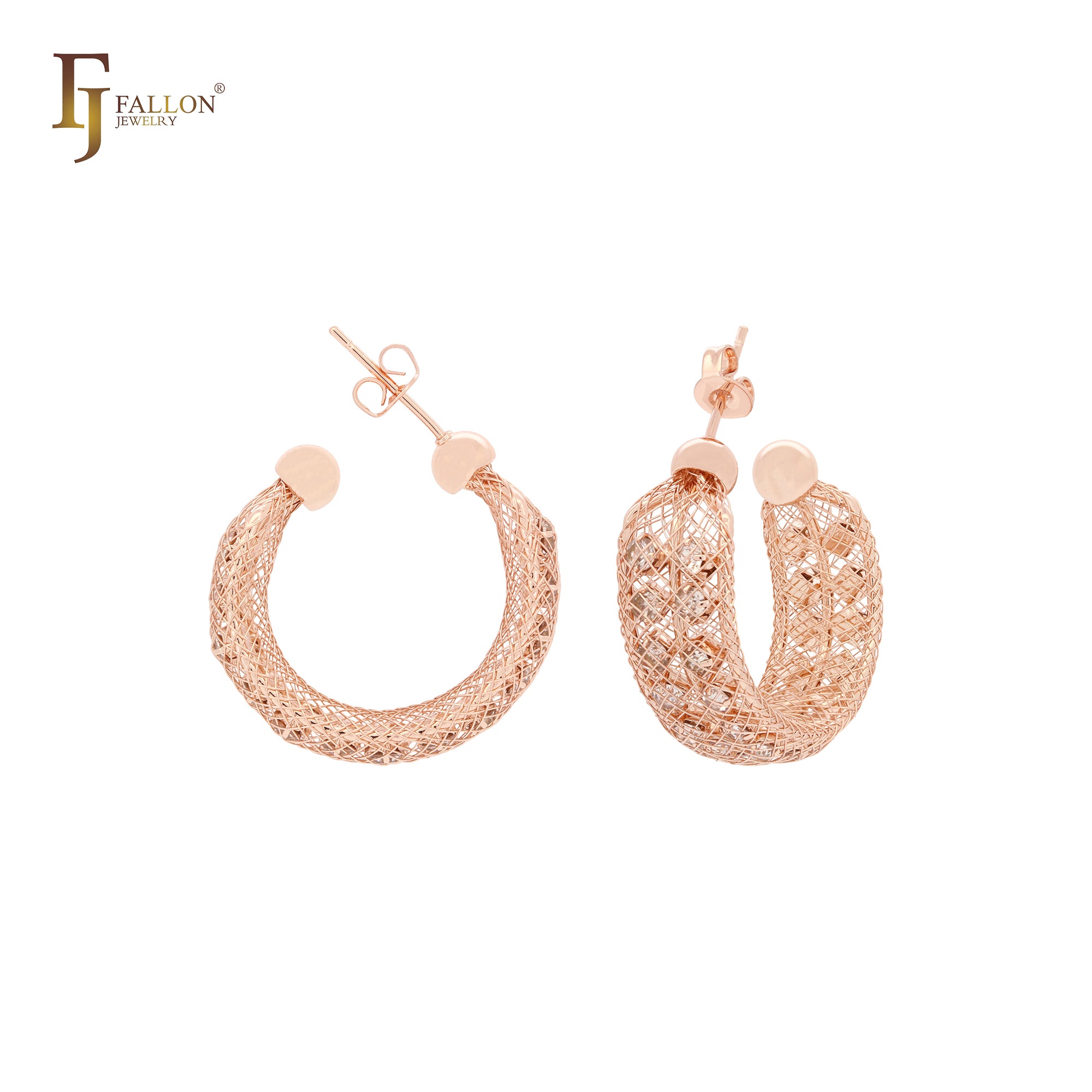 Net Cage filigree double row white CZs C hoop Rose Gold, 14K Gold stud earrings