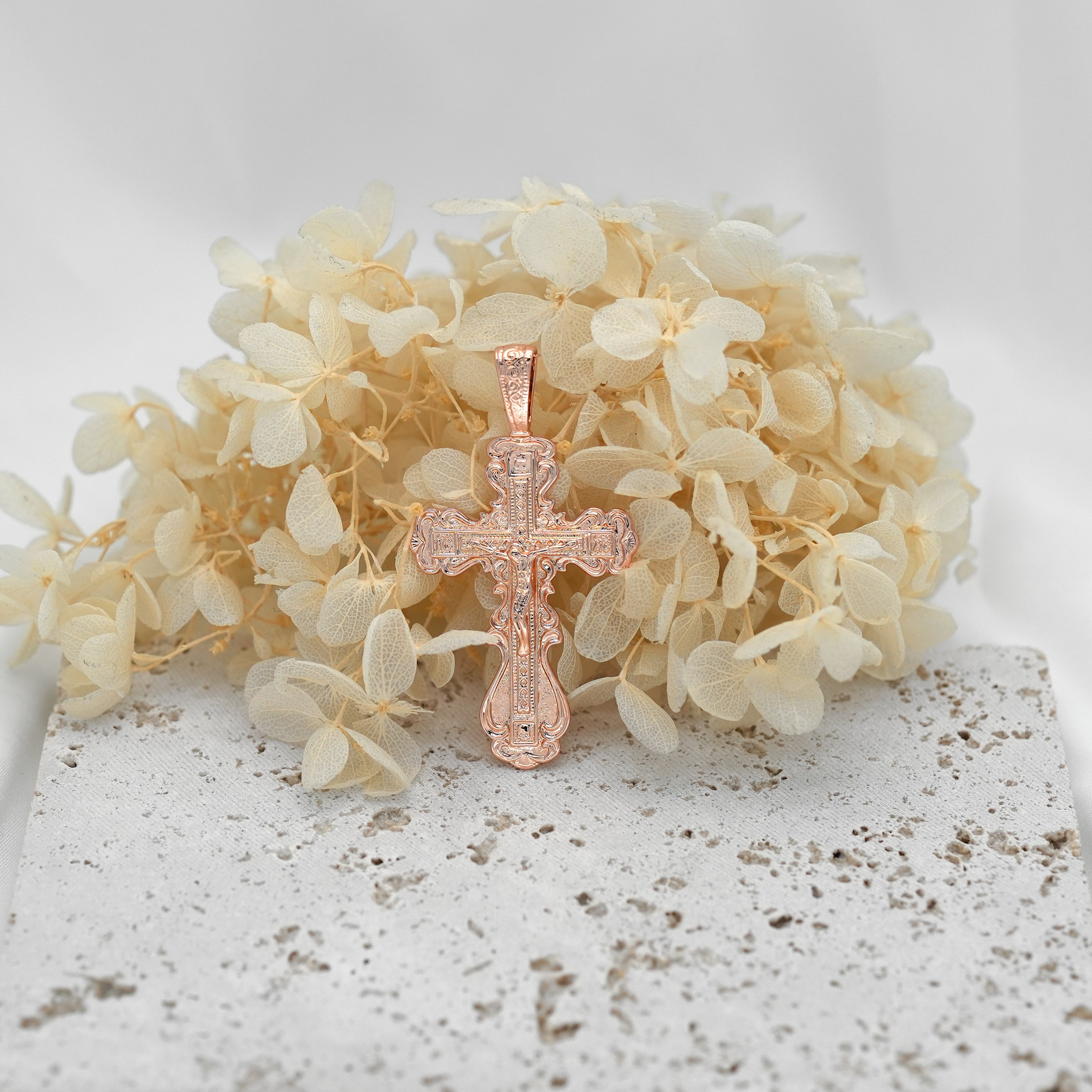 Rose Gold  catholic cross budded pendant