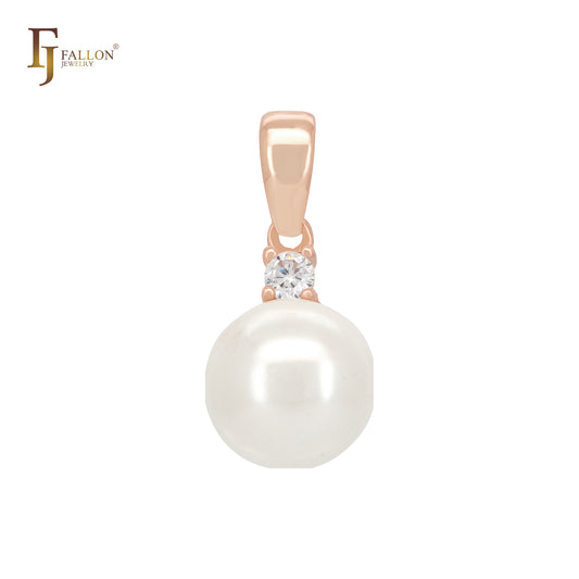 Pure white Pearl with white CZ Rose Gold Solitaire Pendant