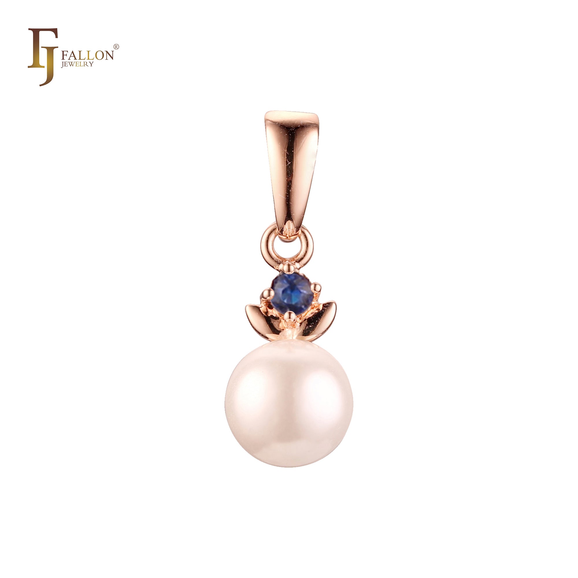 Solitaire white CZ leaves Pearl Rose Gold, 14K Gold pendant