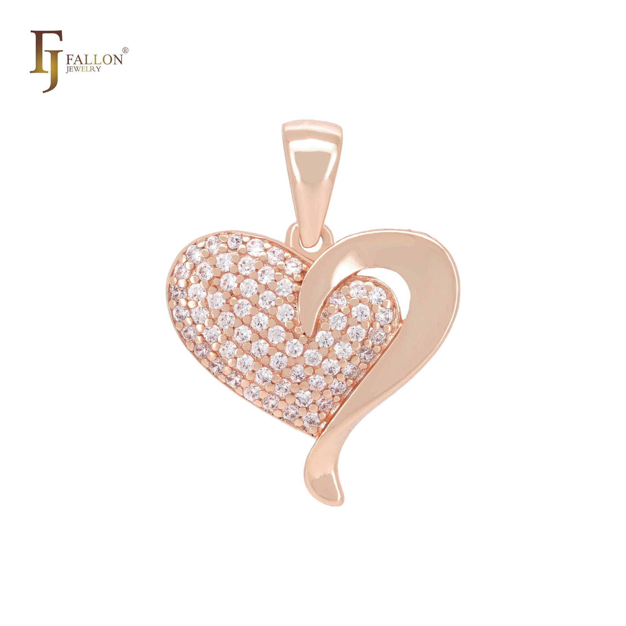 Cluster white CZs ribbon Rose Gold Heart Pendant