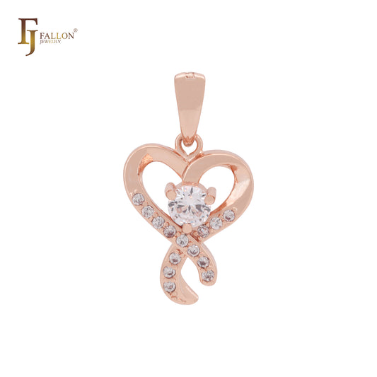 Solitaire white CZs cluster 14K Gold solitaire heart pendant