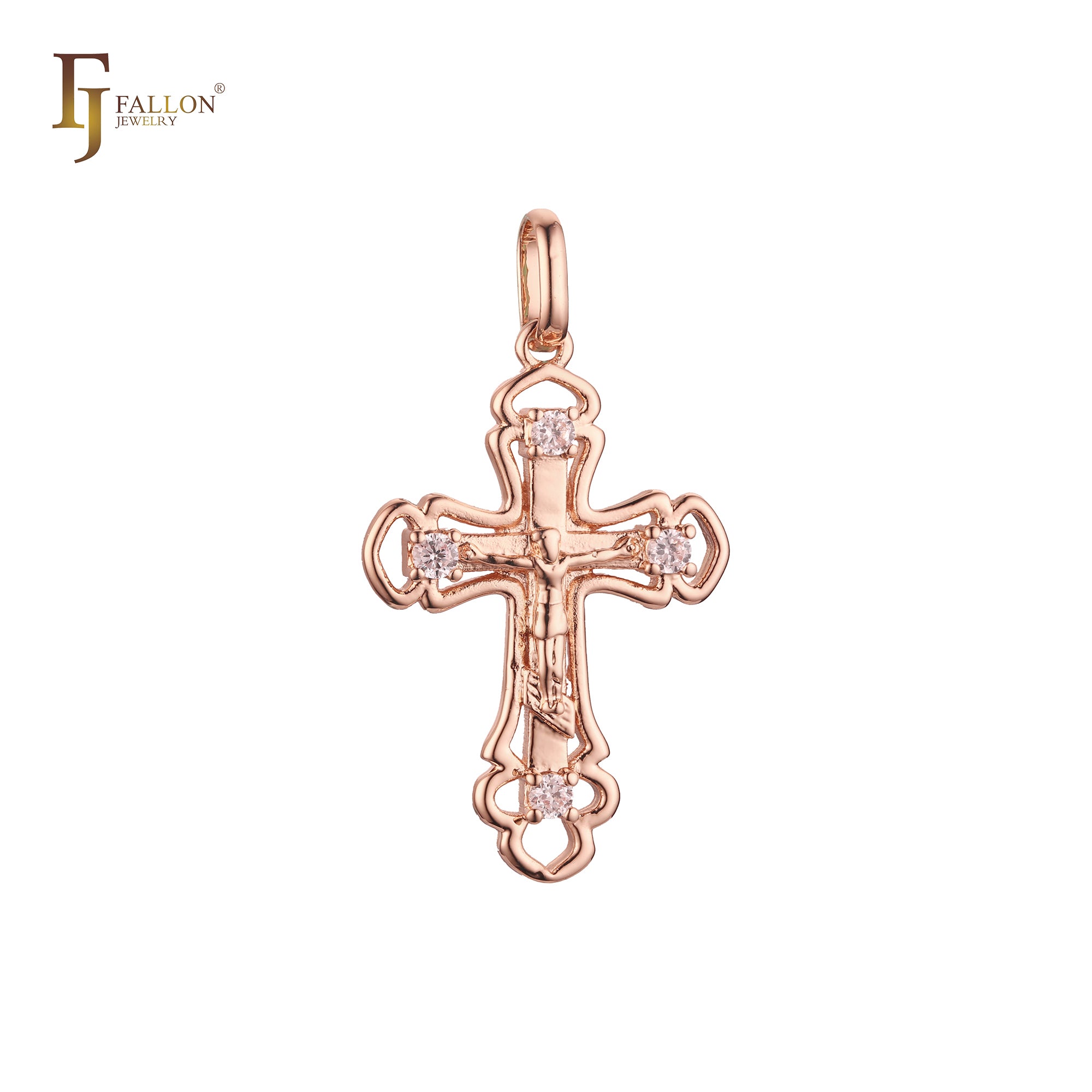 Orthodox crucifix cross budded pendant in Rose Gold, 14K Gold plating colors