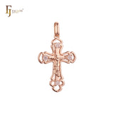 Pingente com crucifixo ortodoxo com botão cruzado em ouro rosa, cores banhadas a ouro 14K