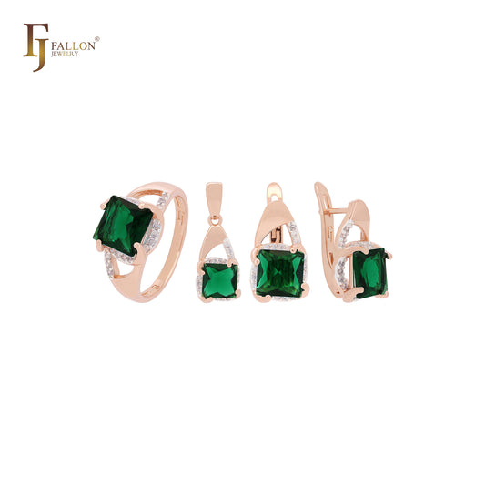 Squared Emerald CZ Rose Gold two tone Jewelry Set with Rings and Pendant