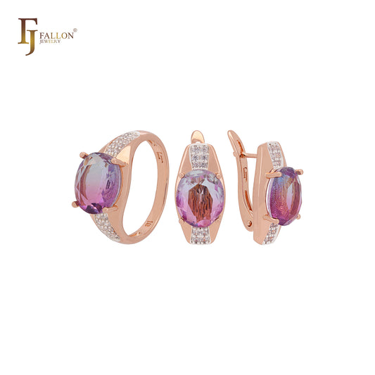 Solitaire rounded oval cut dimming purple CZ Rose Gold two tone Jewelry Set with Rings