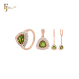 Solitaire triangular yellow apple green Rose Gold Jewelry Set with Rings and Pendant