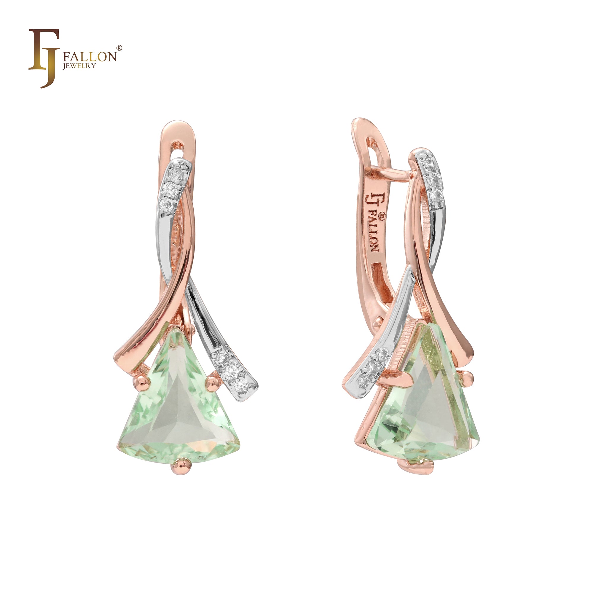 Solitaire elegant triangular colorful CZ 14K Gold, Rose Gold, two tone earrings