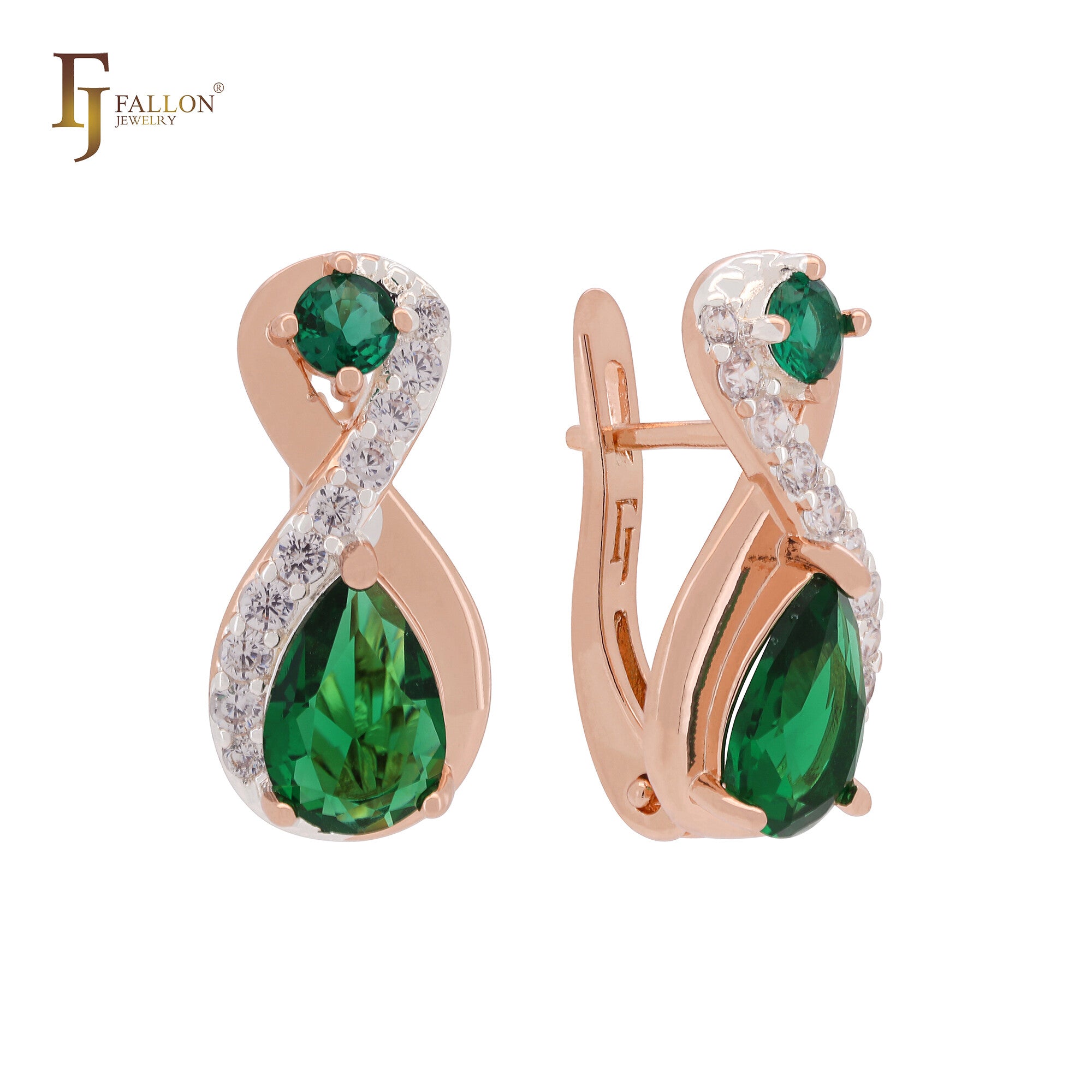 Infinity twisted band of white CZs and emerald CZ Rose Gold two tone Clip-On Earrings