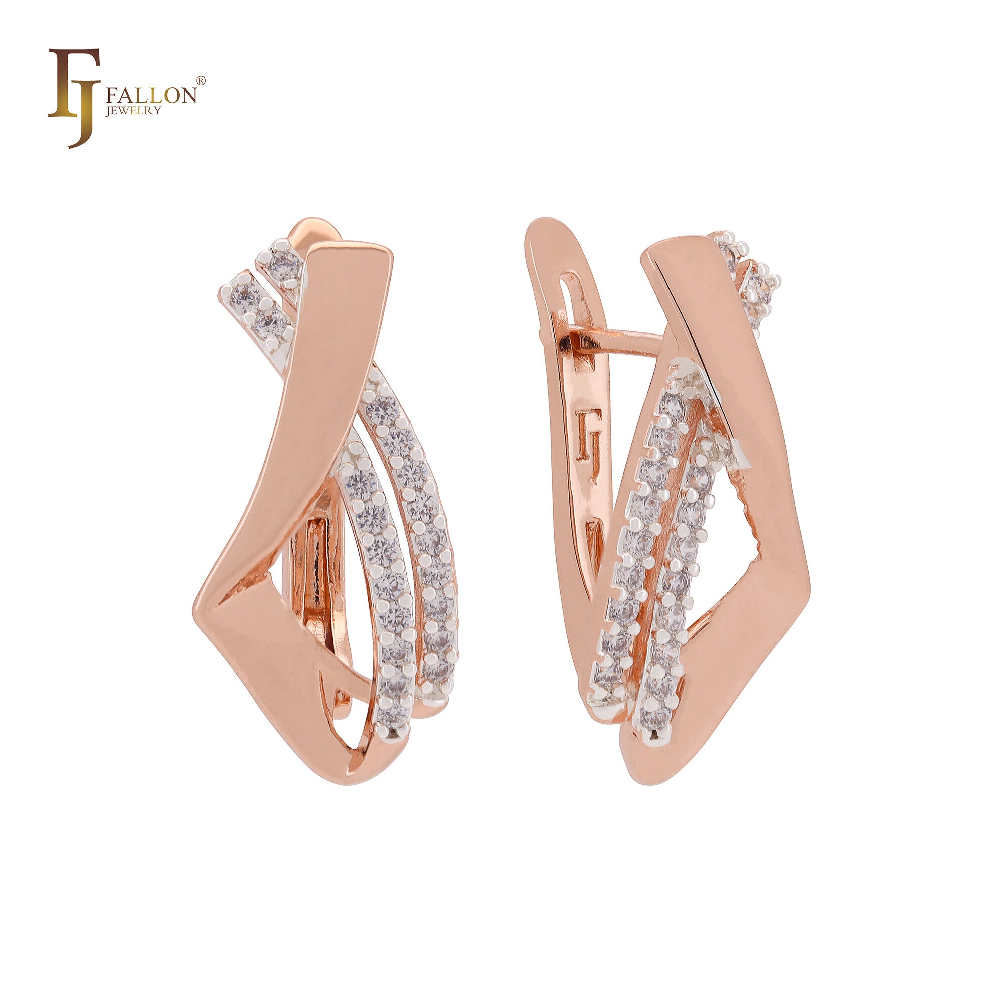 Double ribbons mixed irregular shape white CZs Rose Gold two tone Clip-On Earrings