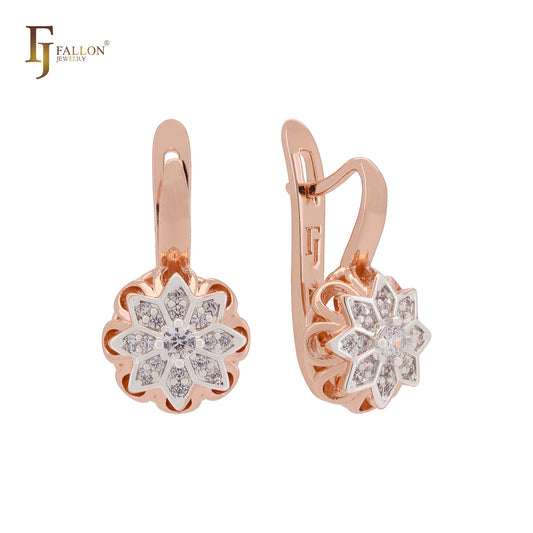 Octagon shaped eight petals flower of white CZs Rose Gold two tone Clip-On Earrings