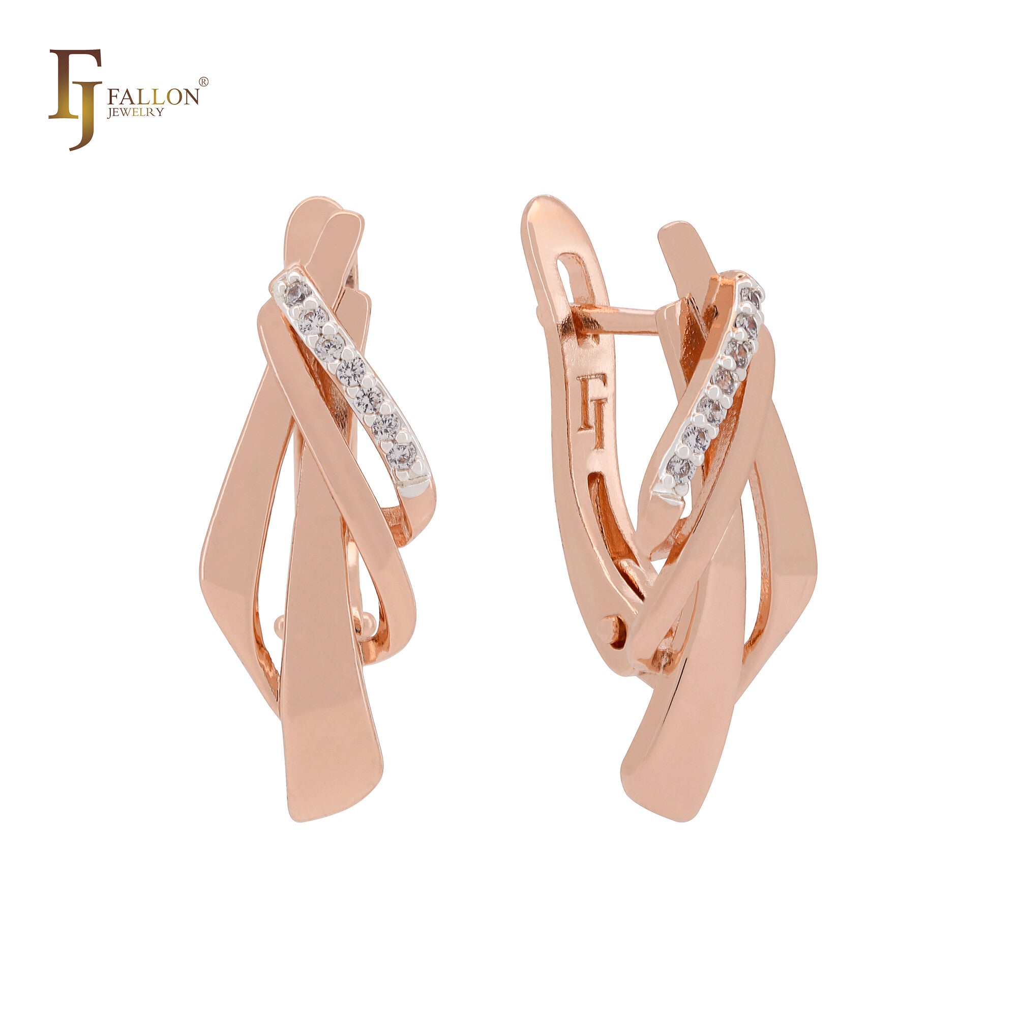 Irregular shaped ribbons of white CZs Rose Gold two tone Clip-On Earrings