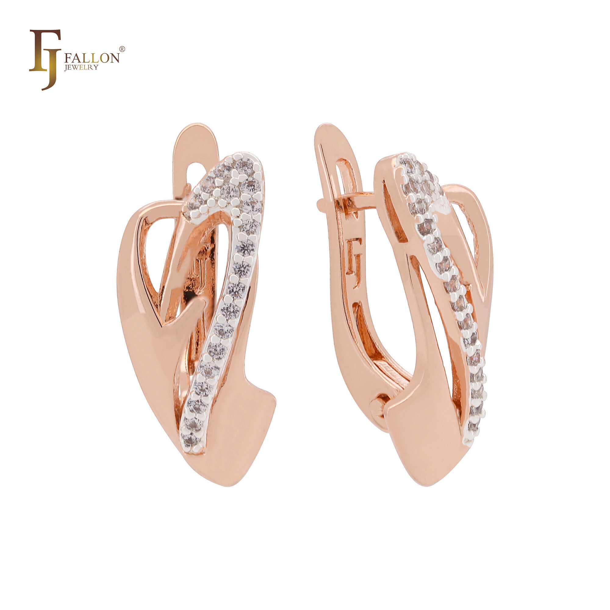 Irregular shape of white CZs ribbon Rose Gold two tone Clip-On Earrings