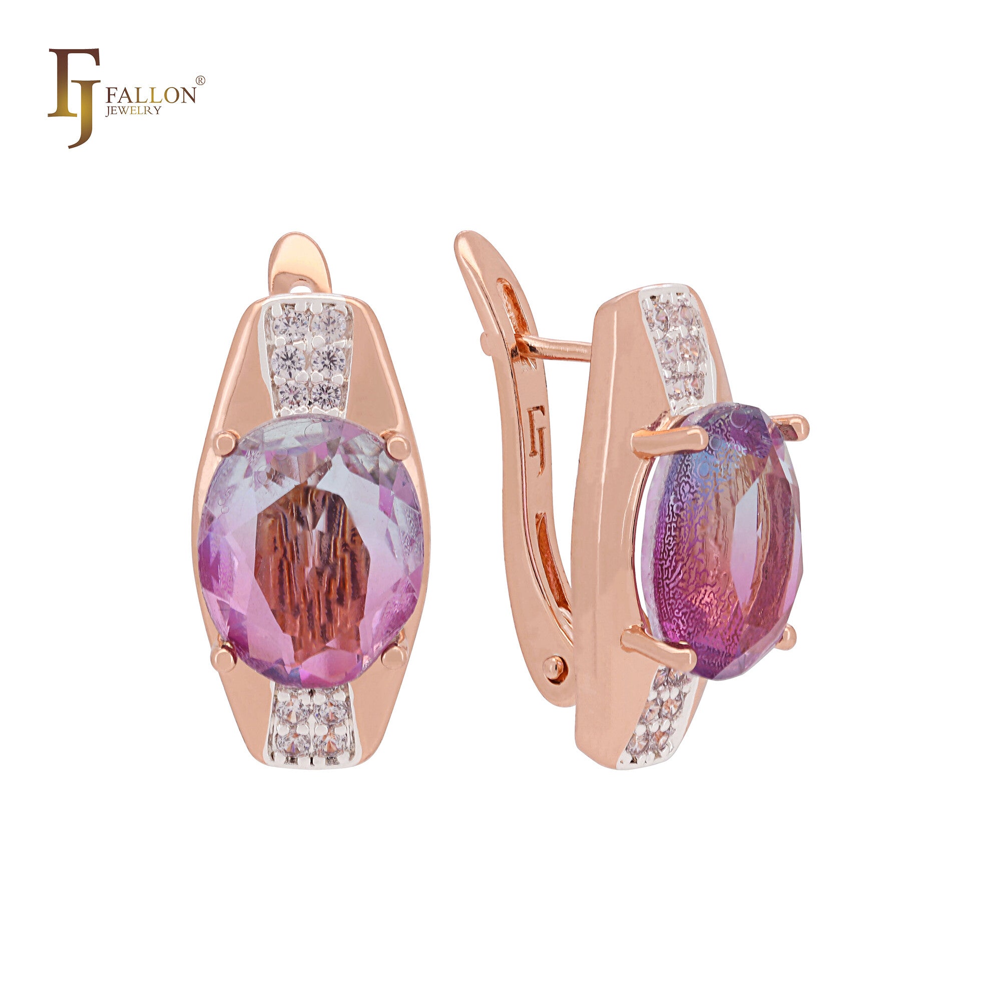 Solitaire rounded oval cut dimming purple CZ Rose Gold two tone Clip-On Earrings