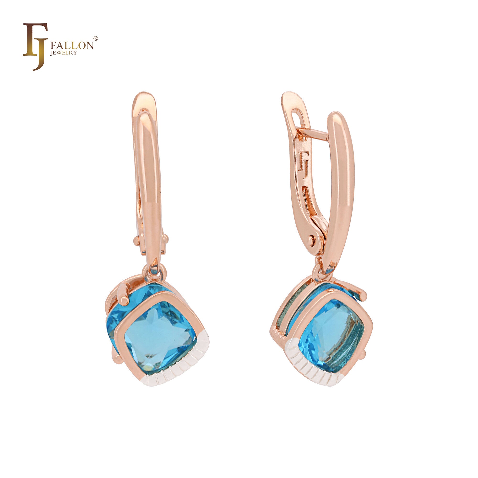 Solitaire cushion cut lake blue CZ Rose Gold two tone Clip-On Earrings