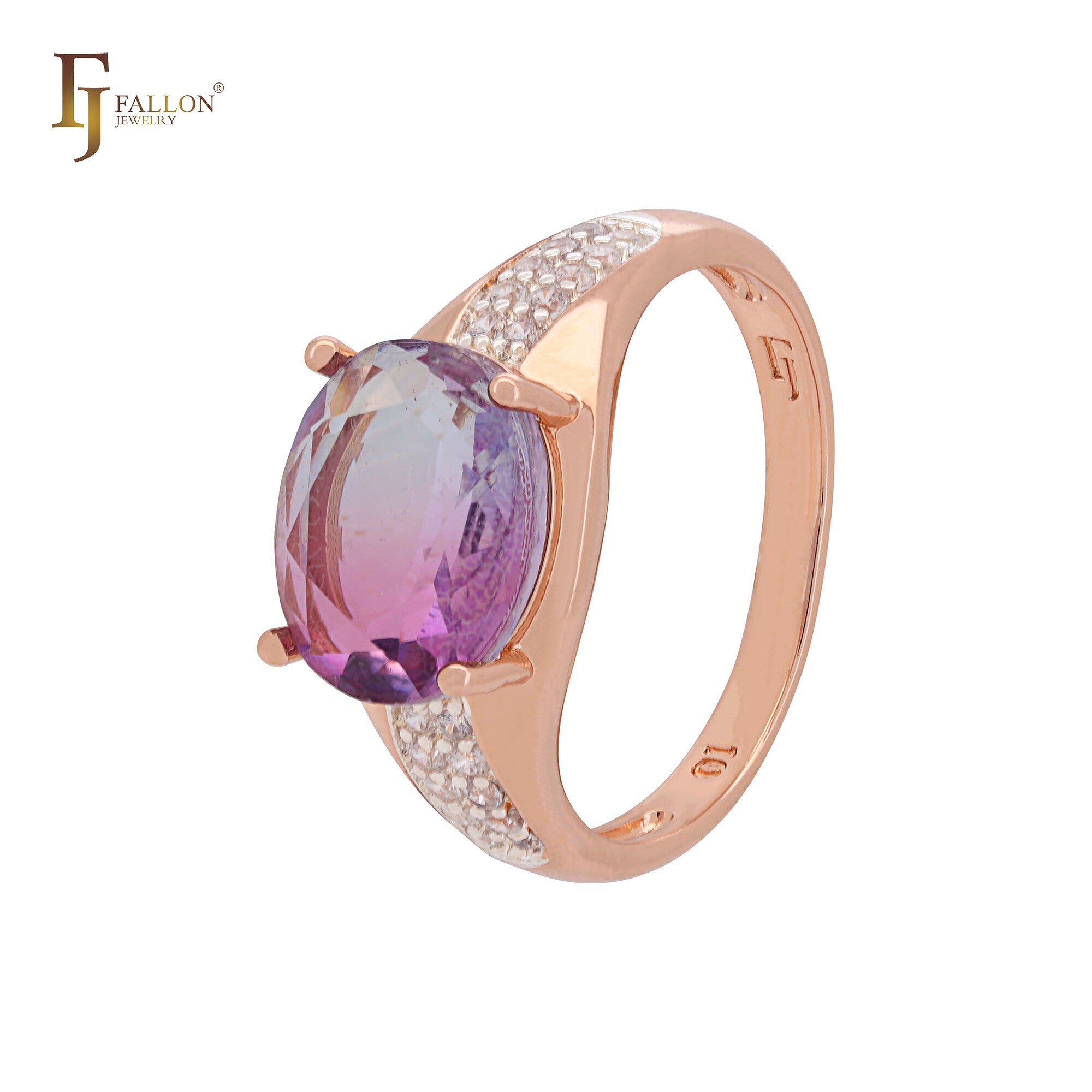 Solitaire rounded oval cut dimming purple CZ Rose Gold two tone Engagement Rings