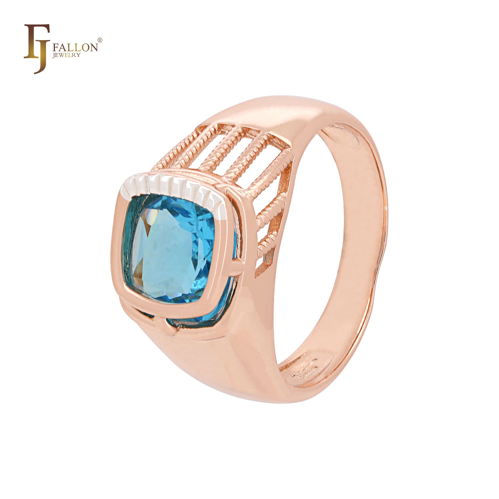 Solitaire cushion cut lake blue CZ Rose Gold two tone Fashion Rings