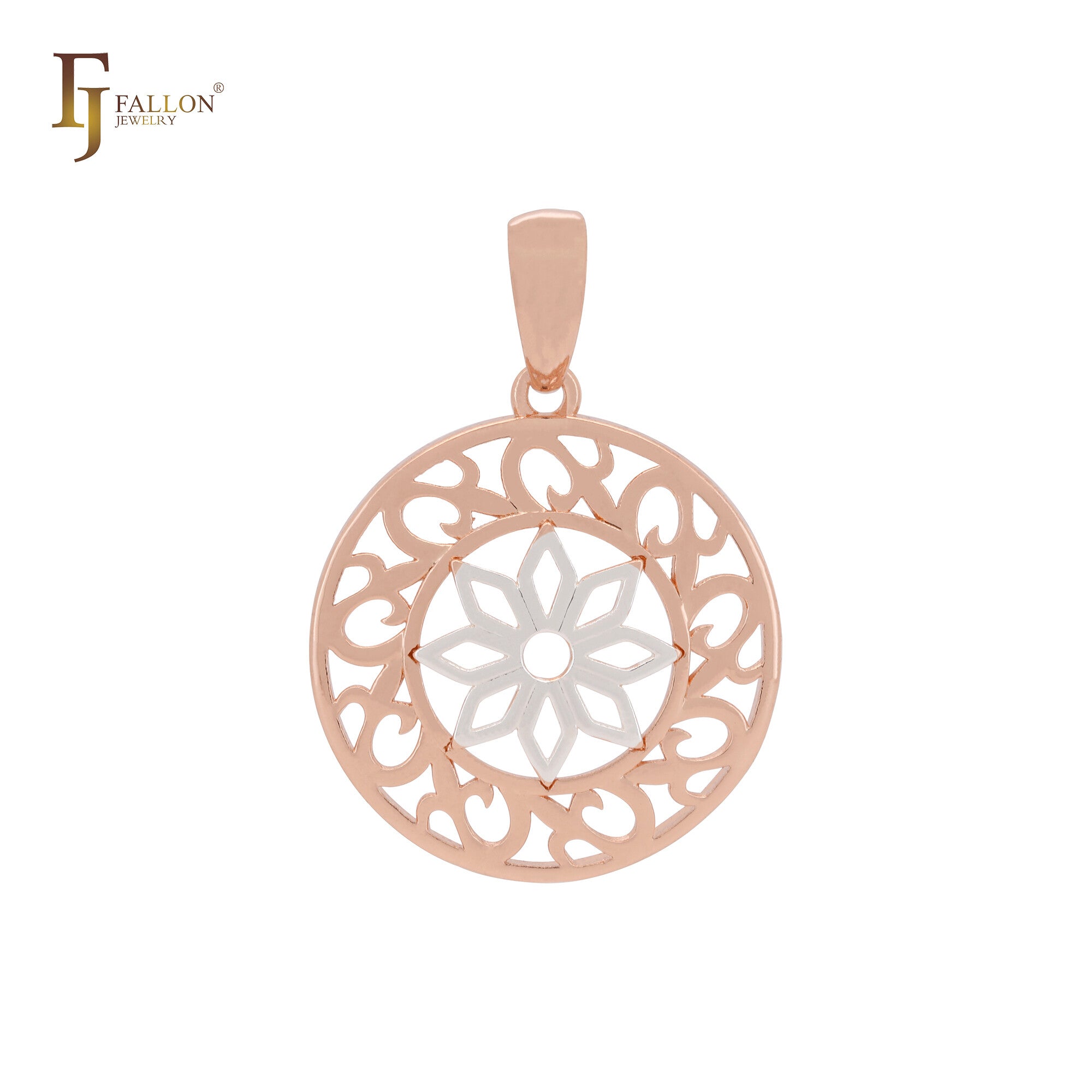 Eight petals flower with filigree Rose Gold two tone circle pendant