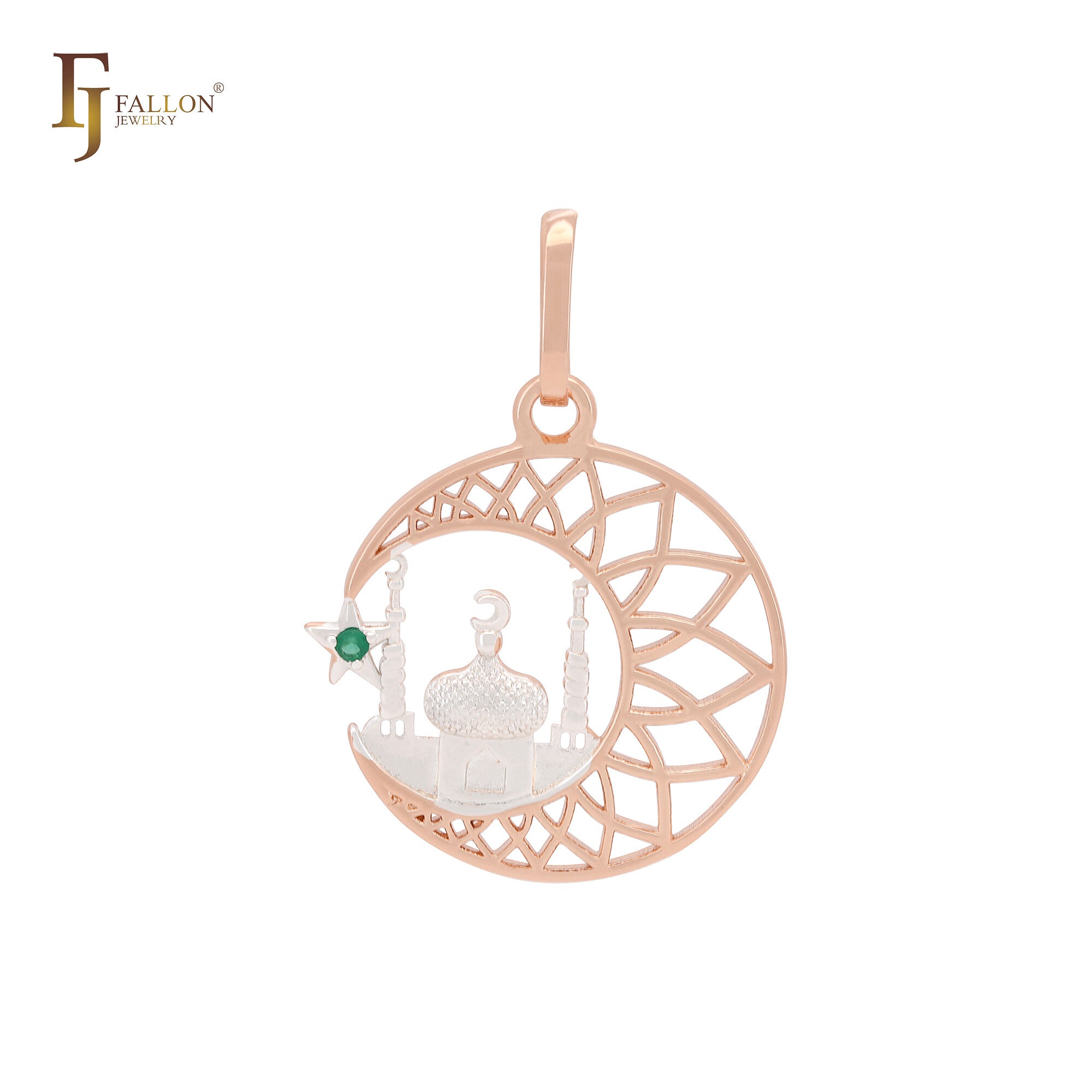 Minimalism Islamic temple of emerald CZ Rose Gold two tone Islamic Pendant