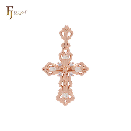 Orthodox filigree crucifix Jesus Rose Gold two tone Cross Pendant