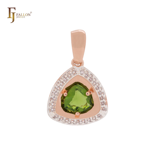 Solitaire triangular yellow apple green Rose Gold Halo Solitaire Pendant