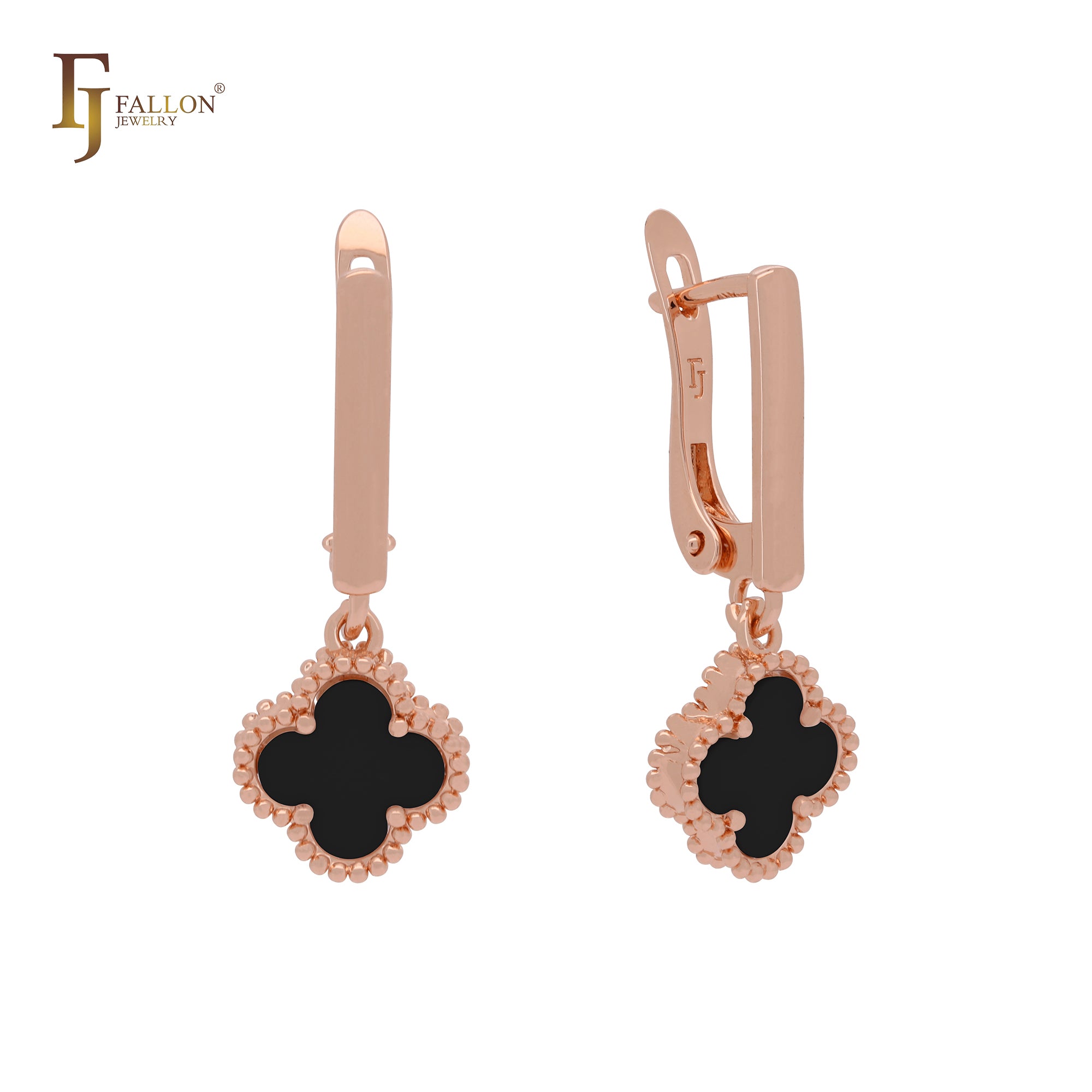 Lucky black or white colorful clover drop Rose Gold Clip-On Earrings