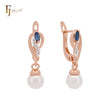 Solitaire pearl sided with lake blue white CZs Rose Gold two tone Clip-On Earrings