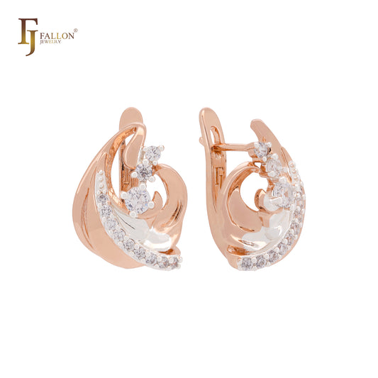 Wavy waves luxurious white CZs cluster Swan Queen Rose Gold two tone Clip-On Earrings