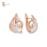 Wavy waves luxurious white CZs cluster Swan Queen Rose Gold two tone Clip-On Earrings