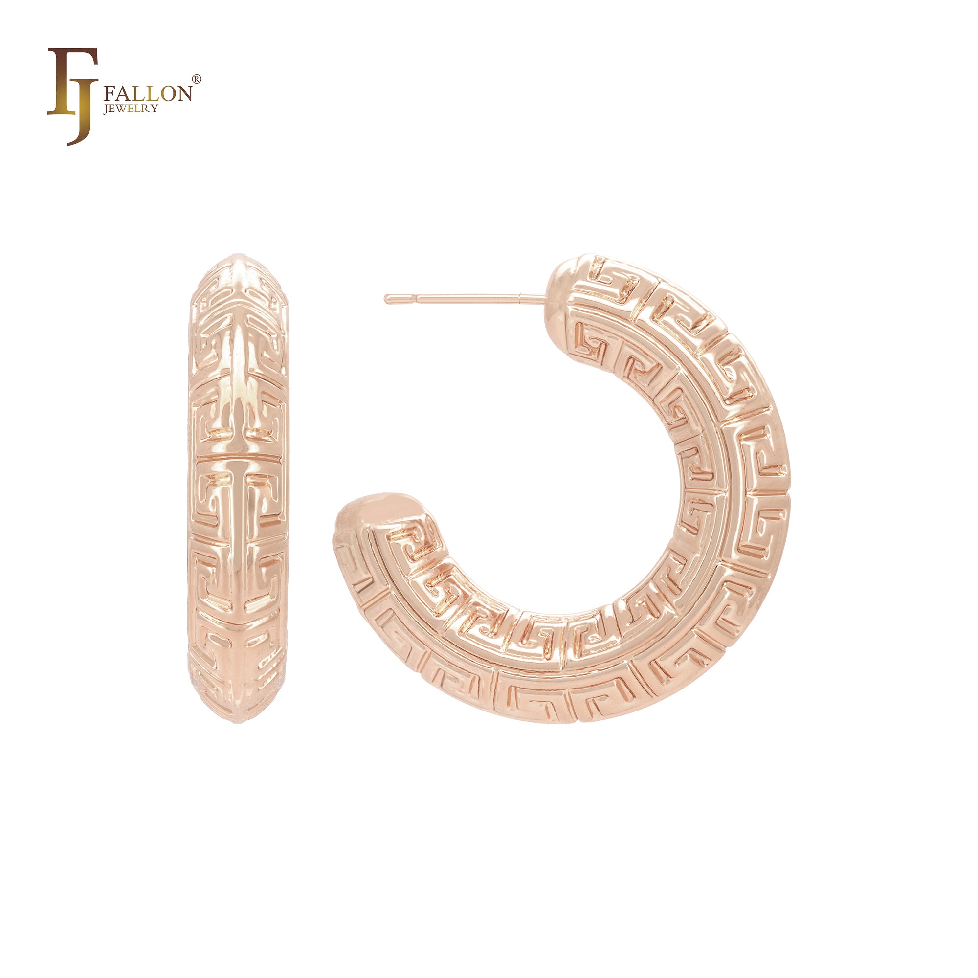 Greek key textured rounded C hoop 14K Gold, Rose Gold, White Gold Stud Earrings