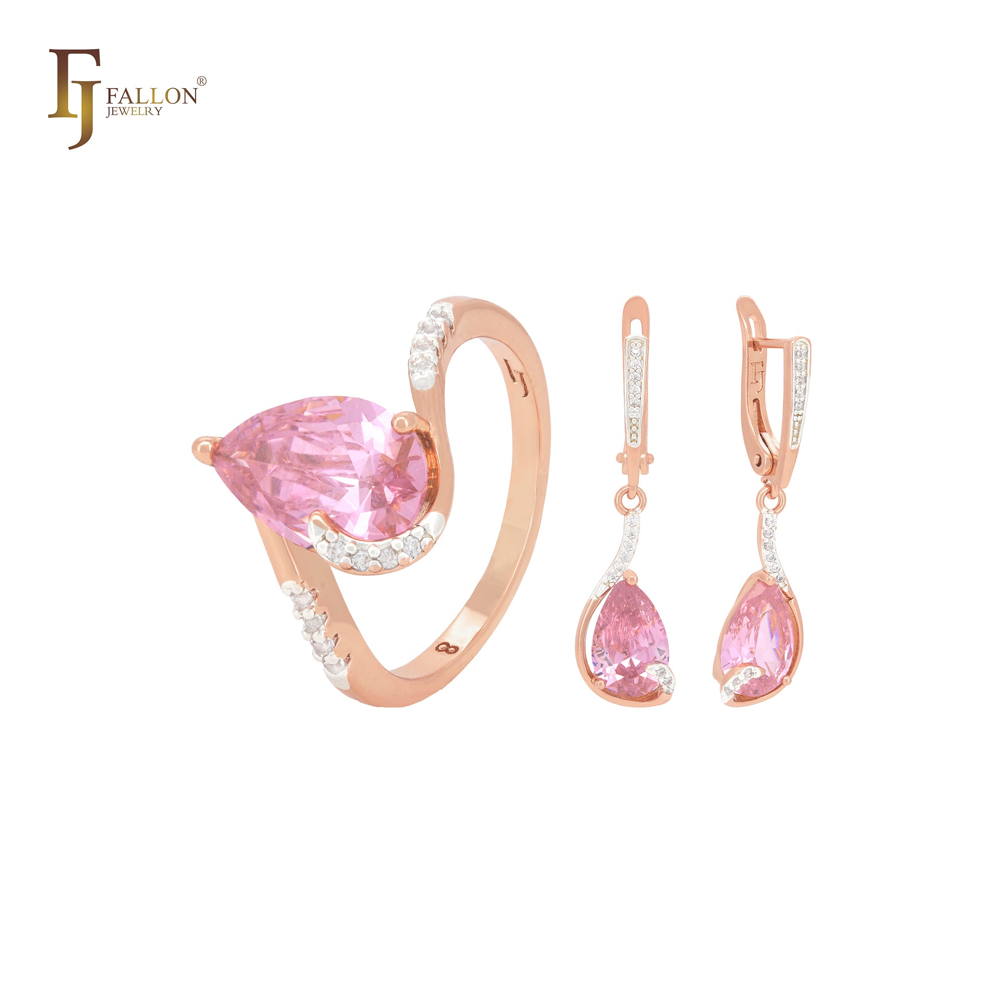 Pear shape pink CZ solitaire drop with white CZs Rose Gold two tone Jewelry Set with Rings