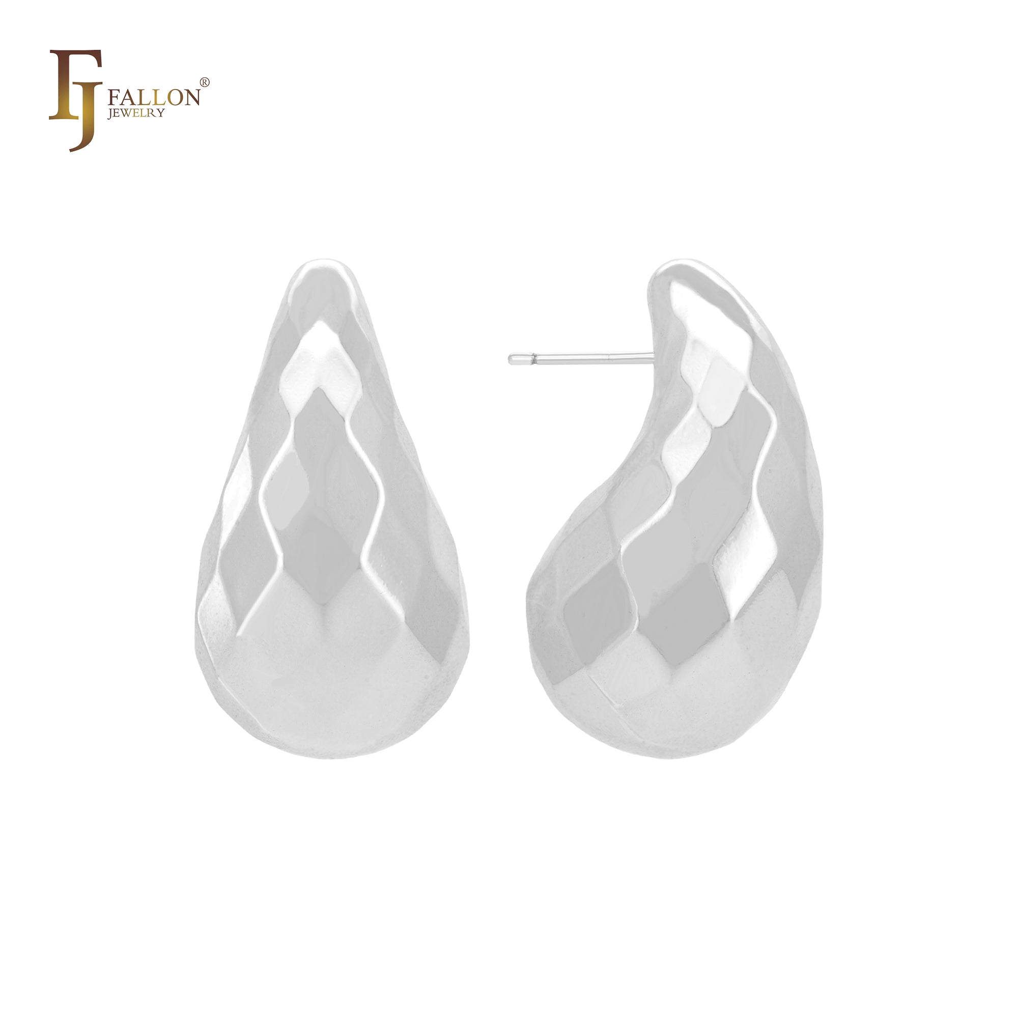 Rhombus textured curved teardrop 14K Gold, Rose Gold, White Gold Stud Earrings