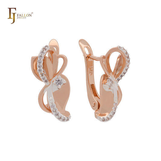 Elegant Ribbon of white CZs Rose Gold two tone Clip-On Earrings