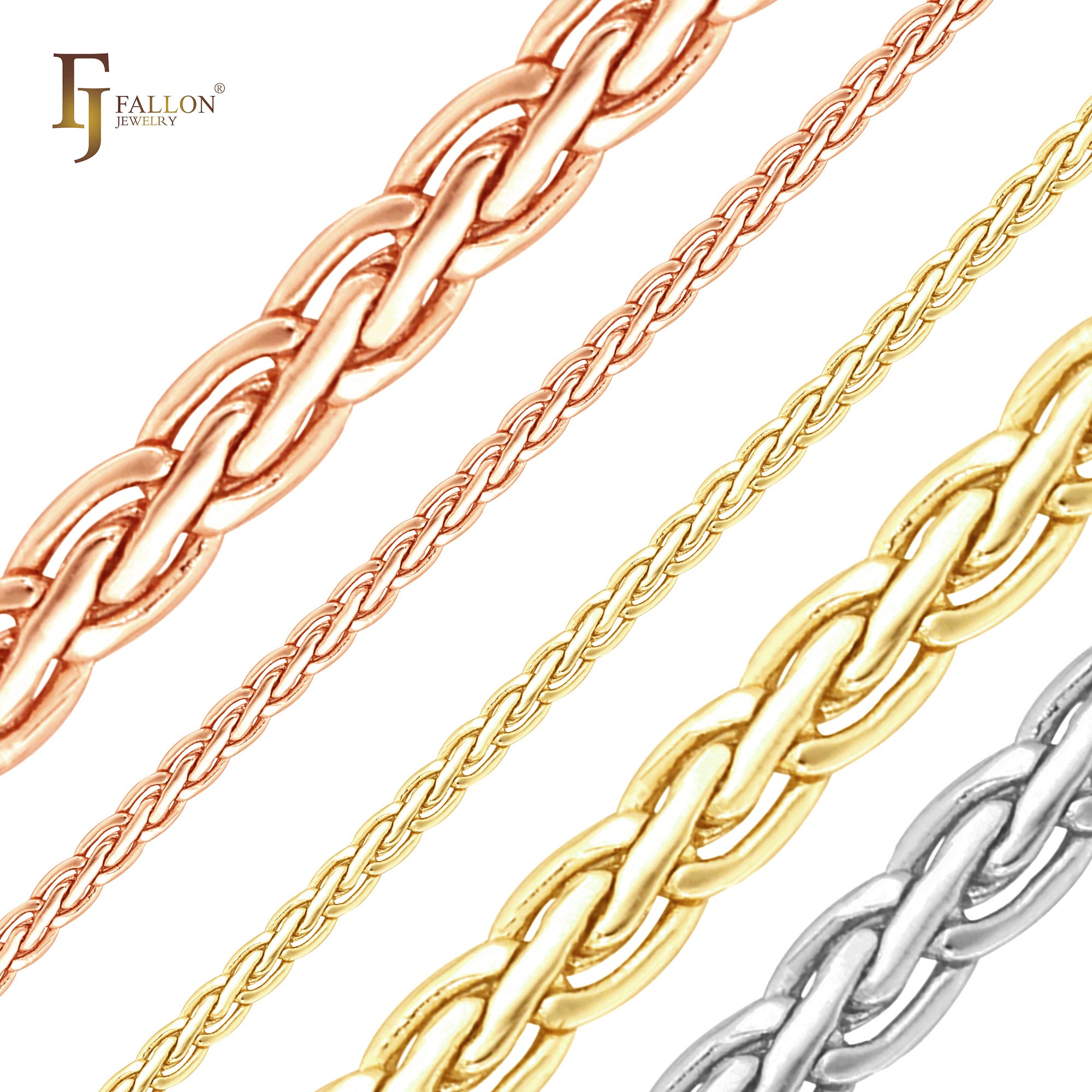 Cadenas clásicas de trigo Spiga bañadas en oro blanco, oro de 14 quilates, oro rosa, dos tonos