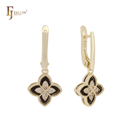 Black and white layered clover 14K Gold, Rose Gold Clip-On Earrings
