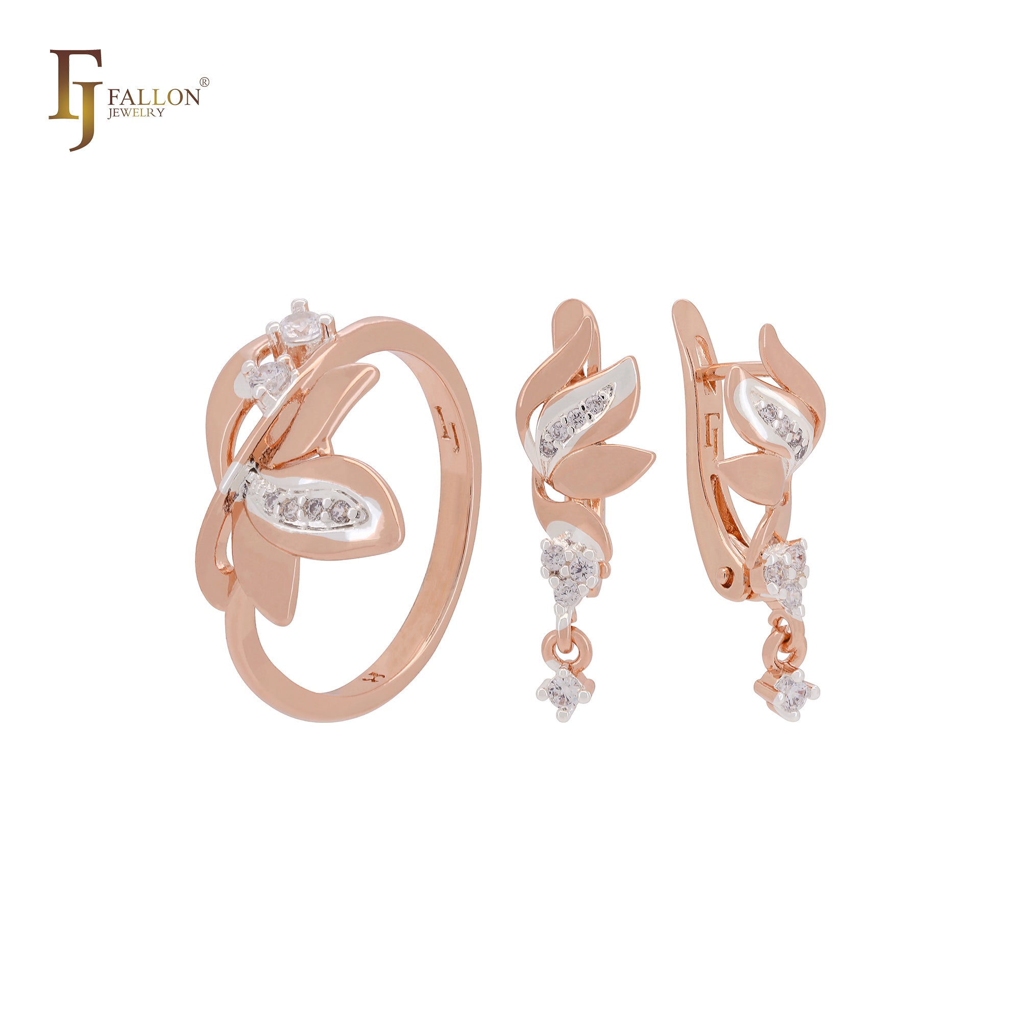 Elegant leaves drop of white CZ Rose Gold two tone Jewelry Set with Rings