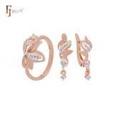 Elegant leaves drop of white CZ Rose Gold two tone Jewelry Set with Rings