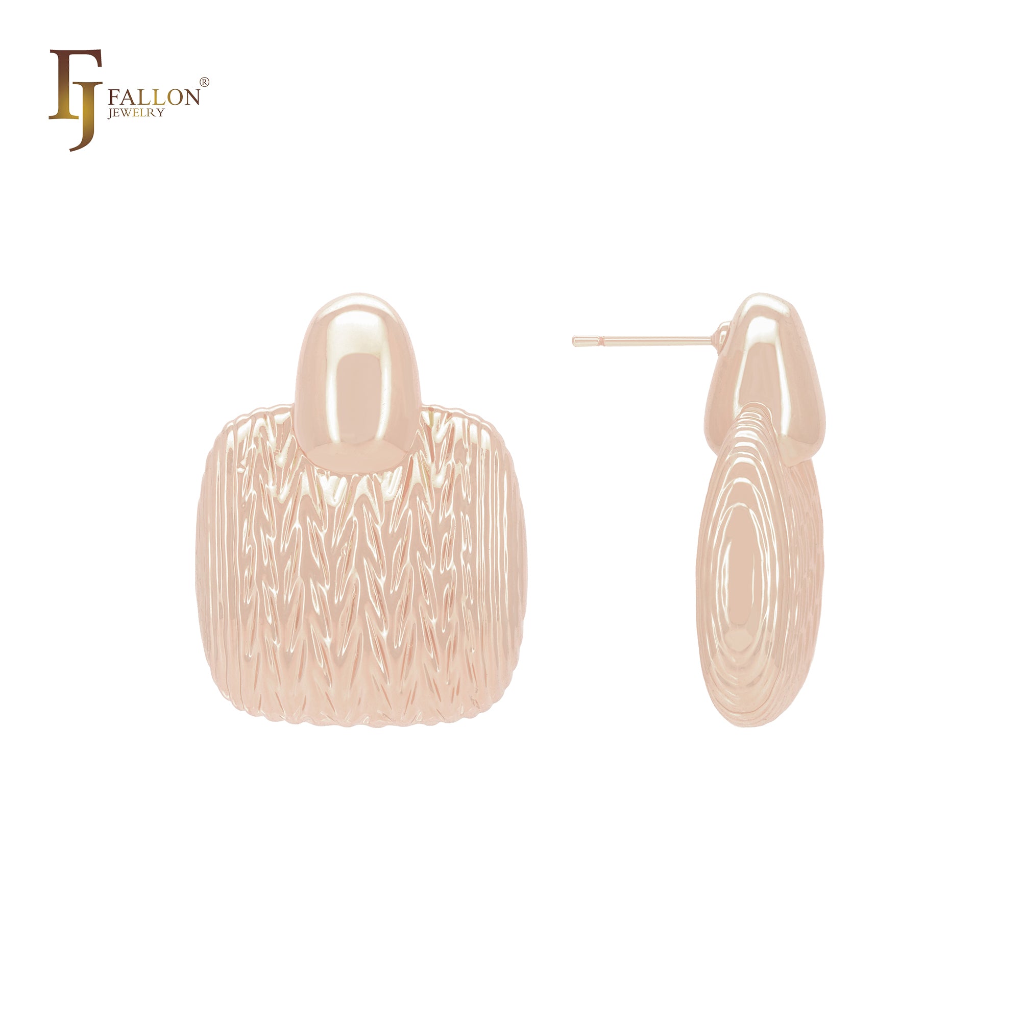 Layers and wheat fringe textured lock shaped 14K Gold, Rose Gold, White Gold Stud Earrings