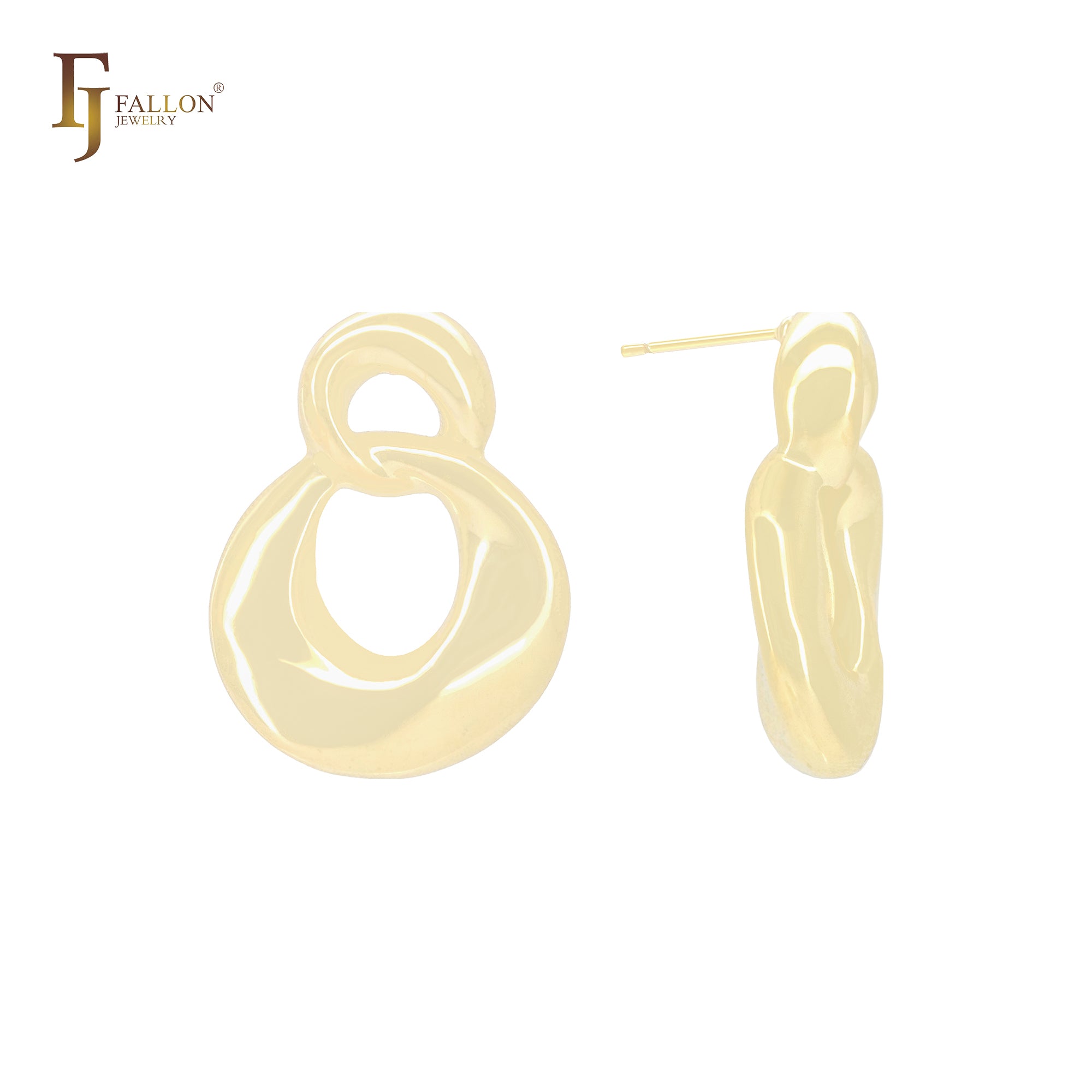 Irregular twisted ribbon circle lock shaped 14K Gold, Rose Gold, White Gold Stud Earrings