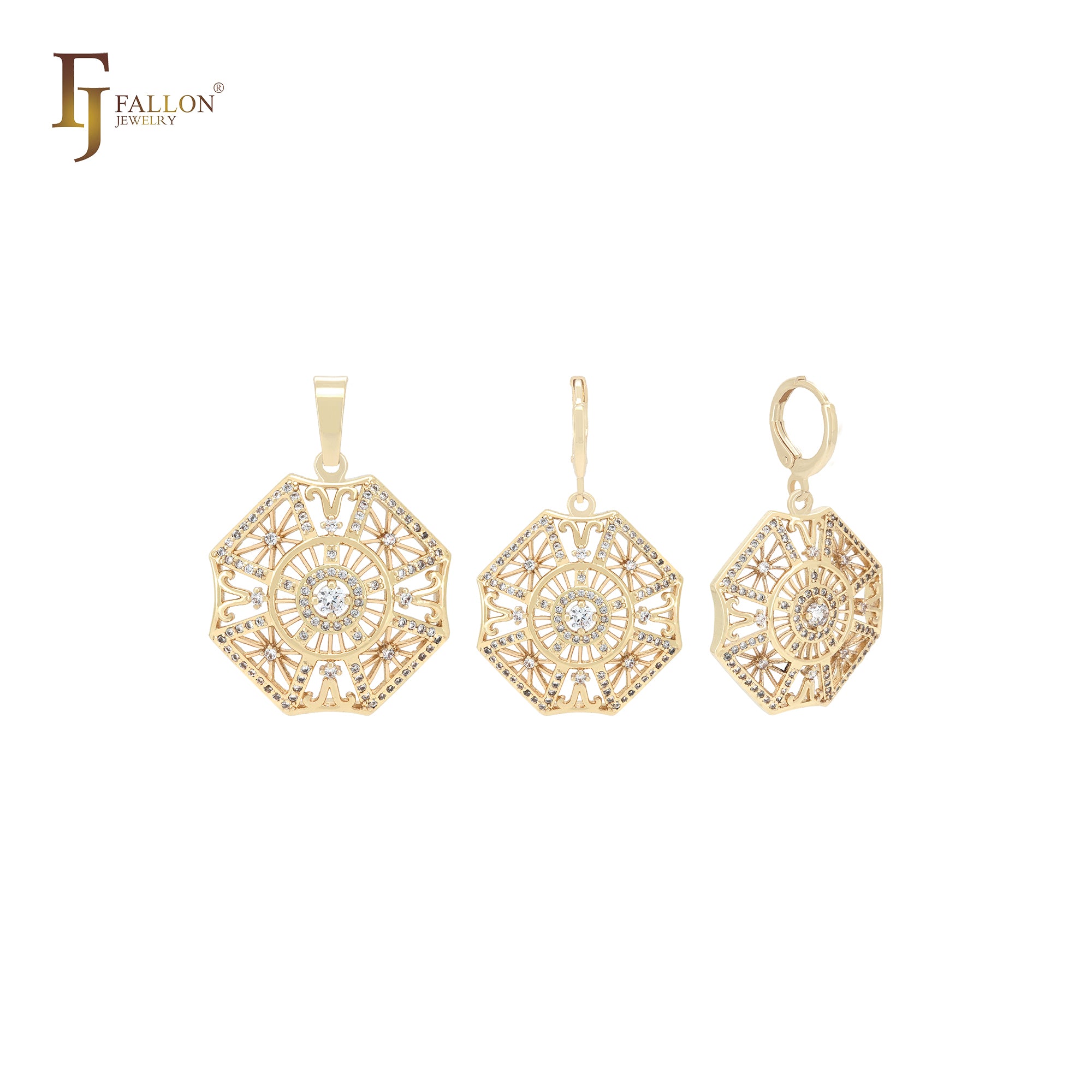 Octagon filigree snowflake white CZs 14K Gold Jewelry Set with Pendant