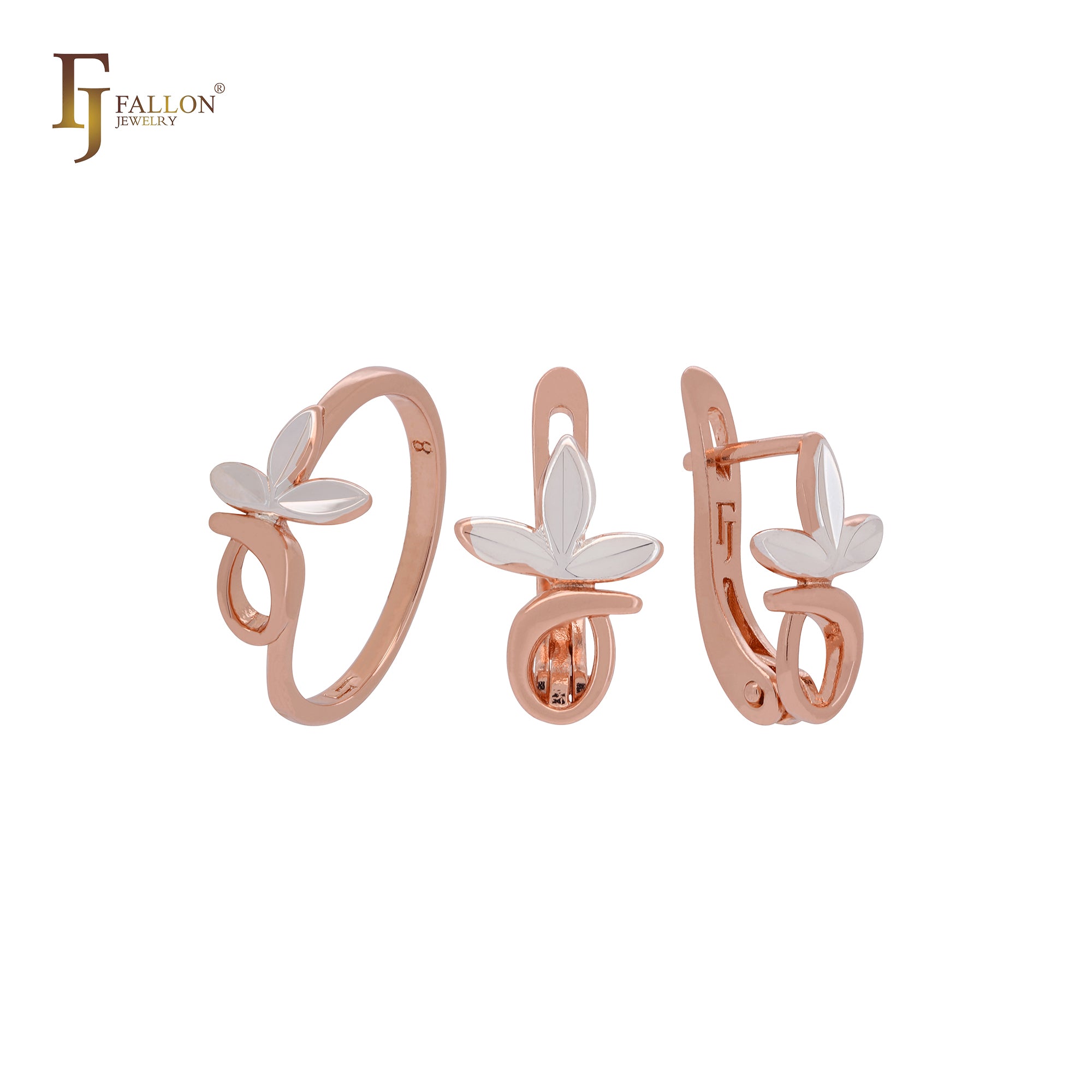 Elegant brach of triple leaves Rose Gold two tone Jewelry Set with Rings