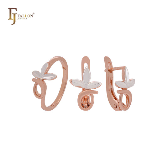 Elegant brach of triple leaves Rose Gold two tone Jewelry Set with Rings