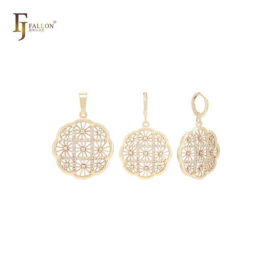 Nine Grid snow flake filigree of white CZs 14K Gold Jewelry Set with Pendant